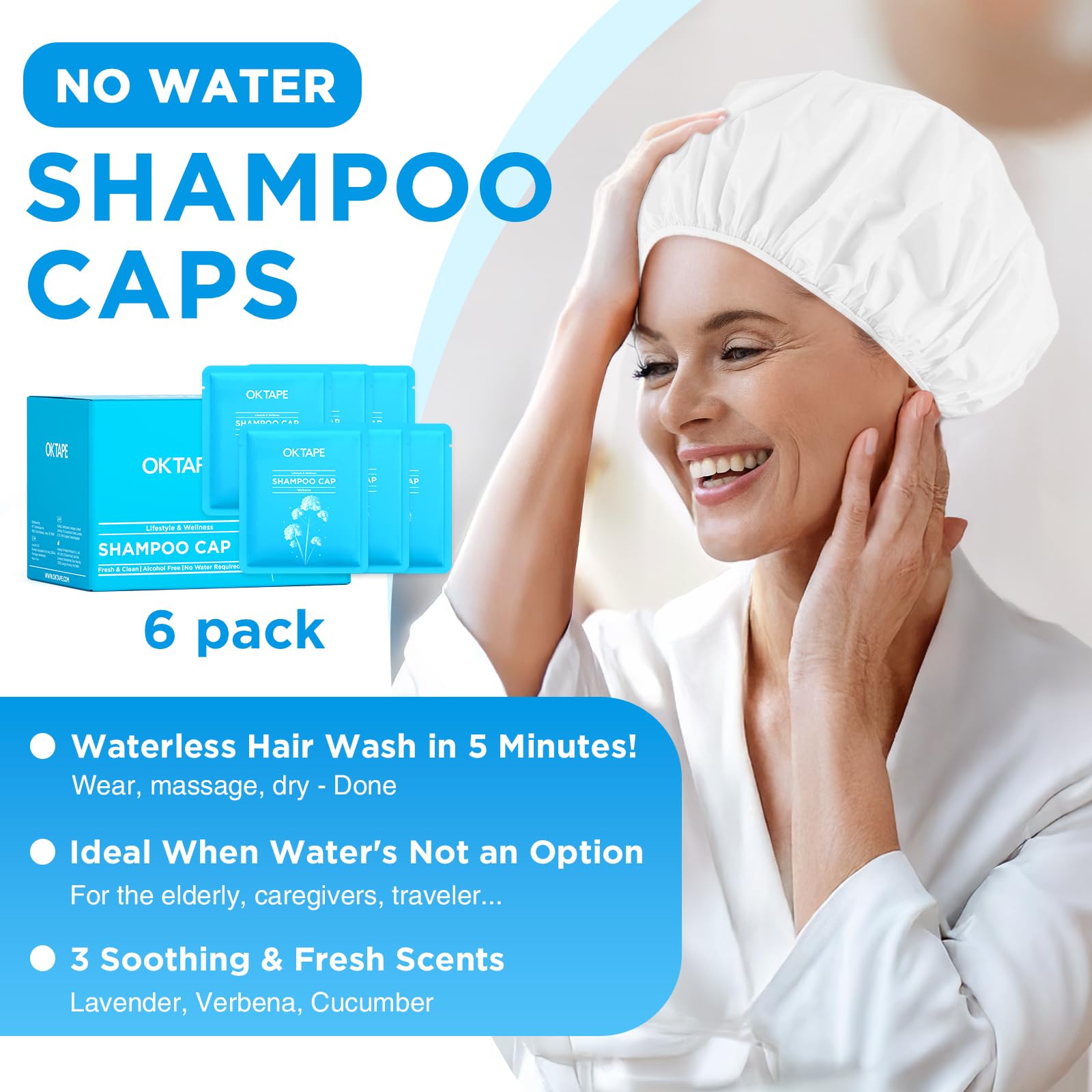OK TAPE No Water Shampoo Caps verbena scent in travel-friendly packaging for easy care.