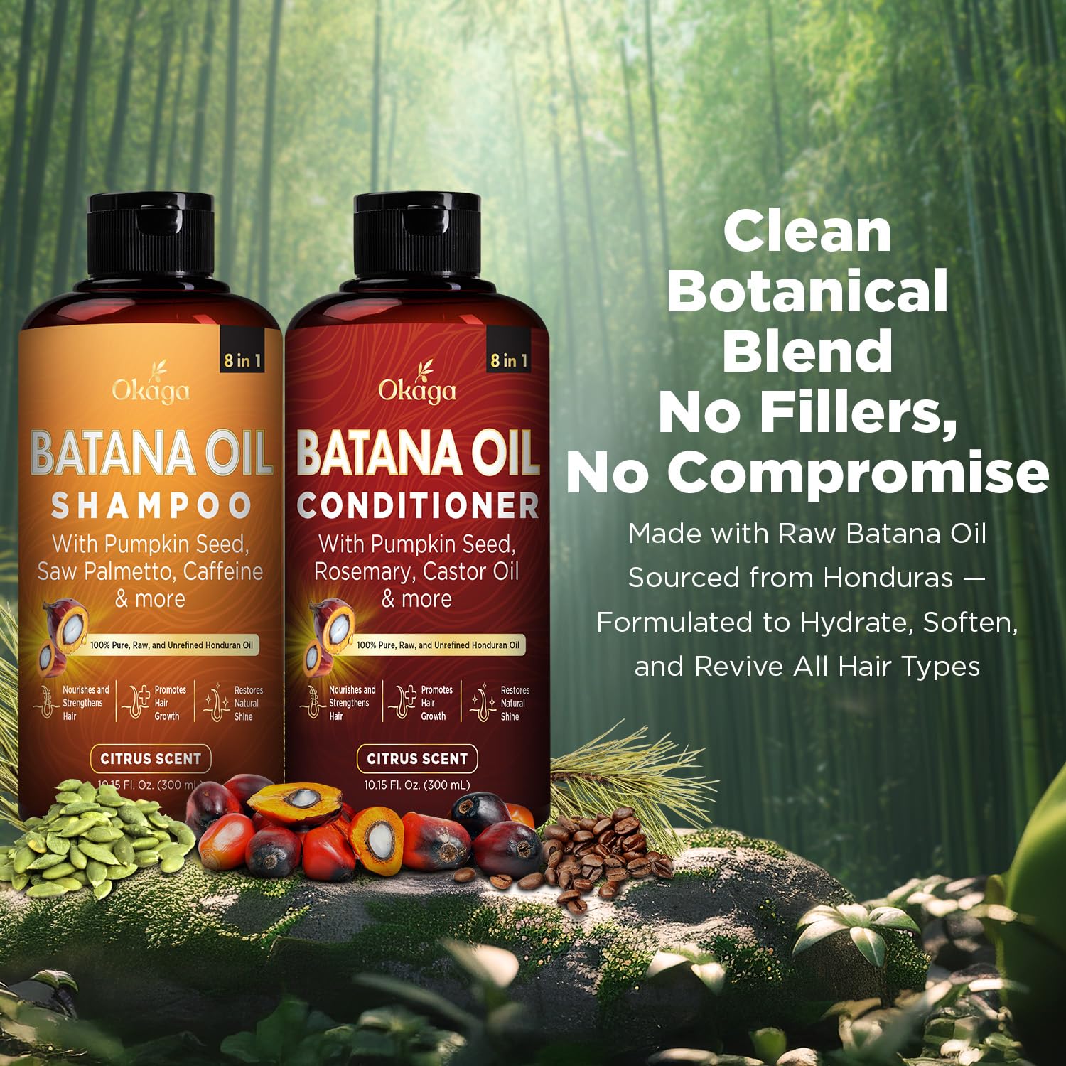 Okaga Batana Oil Conditioner bottle demonstrating lightweight hydration for dry, brittle strands.