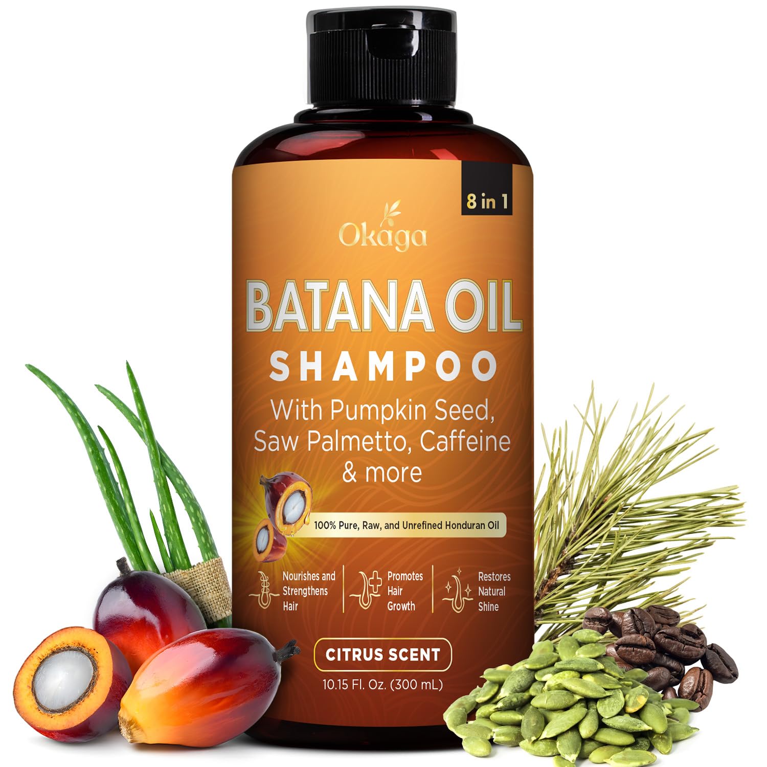 Okaga Batana Oil Shampoo bottle with citrus scent for daily scalp care.