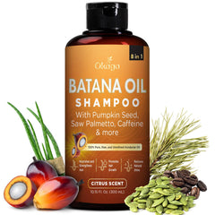 Okaga Batana Oil Shampoo bottle with citrus scent for daily scalp care.