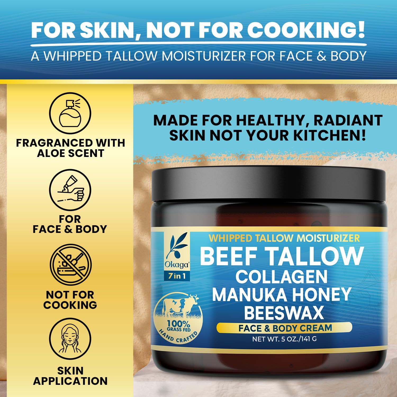 Okaga Balm with beeswax and collagen highlights natural, eco-friendly skincare.