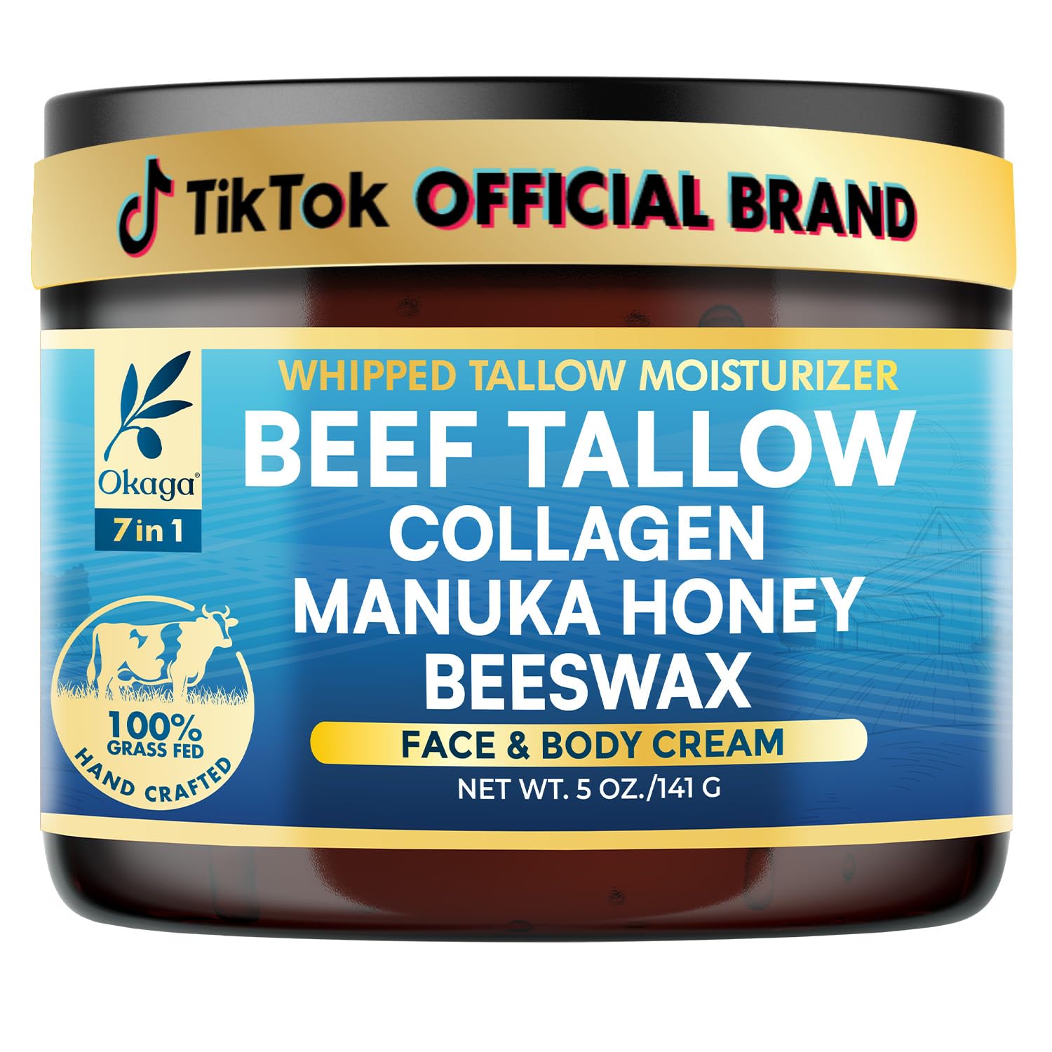 Okaga Beef Tallow Balm jar closeup for deep hydration on face, body, and lips.