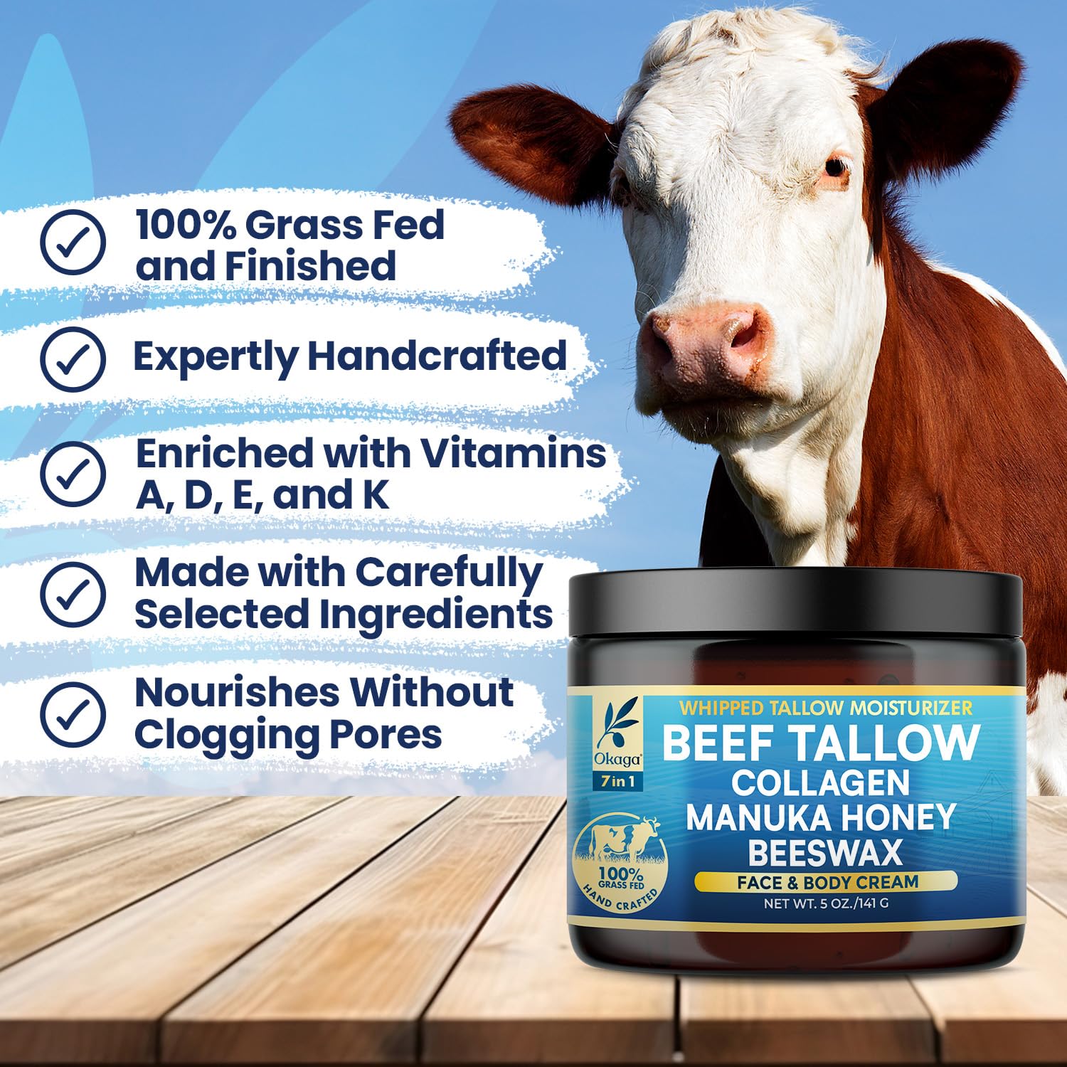 Okaga packaging emphasizes organic grass-fed ingredients and family-friendly formula.