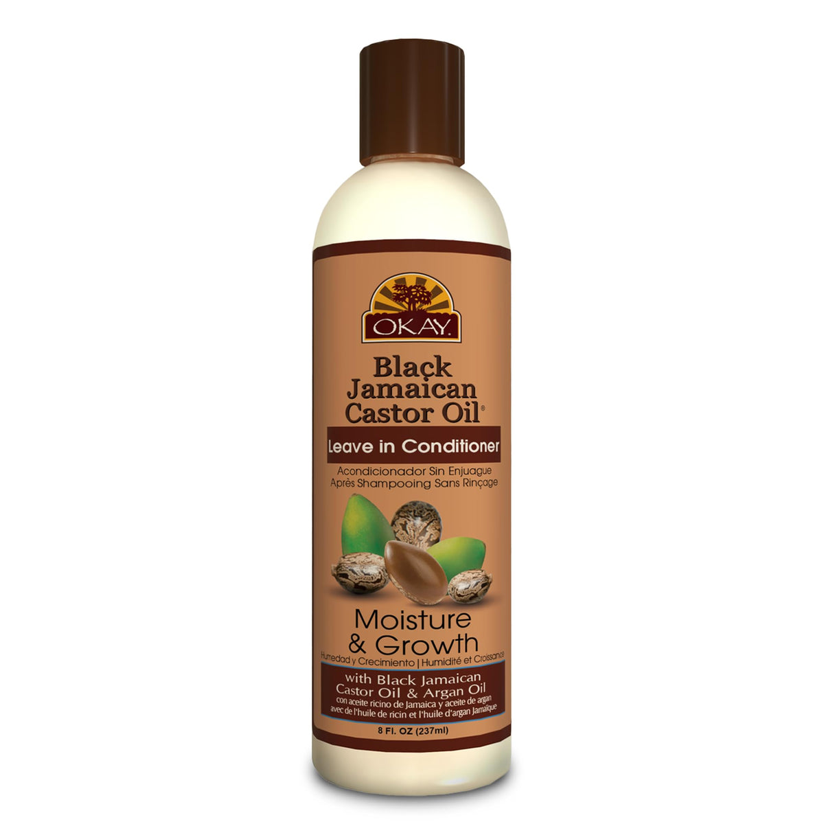 OKAY Black Jamaican Castor Oil Leave-In Conditioner bottle delivering lightweight moisture for curly hair.