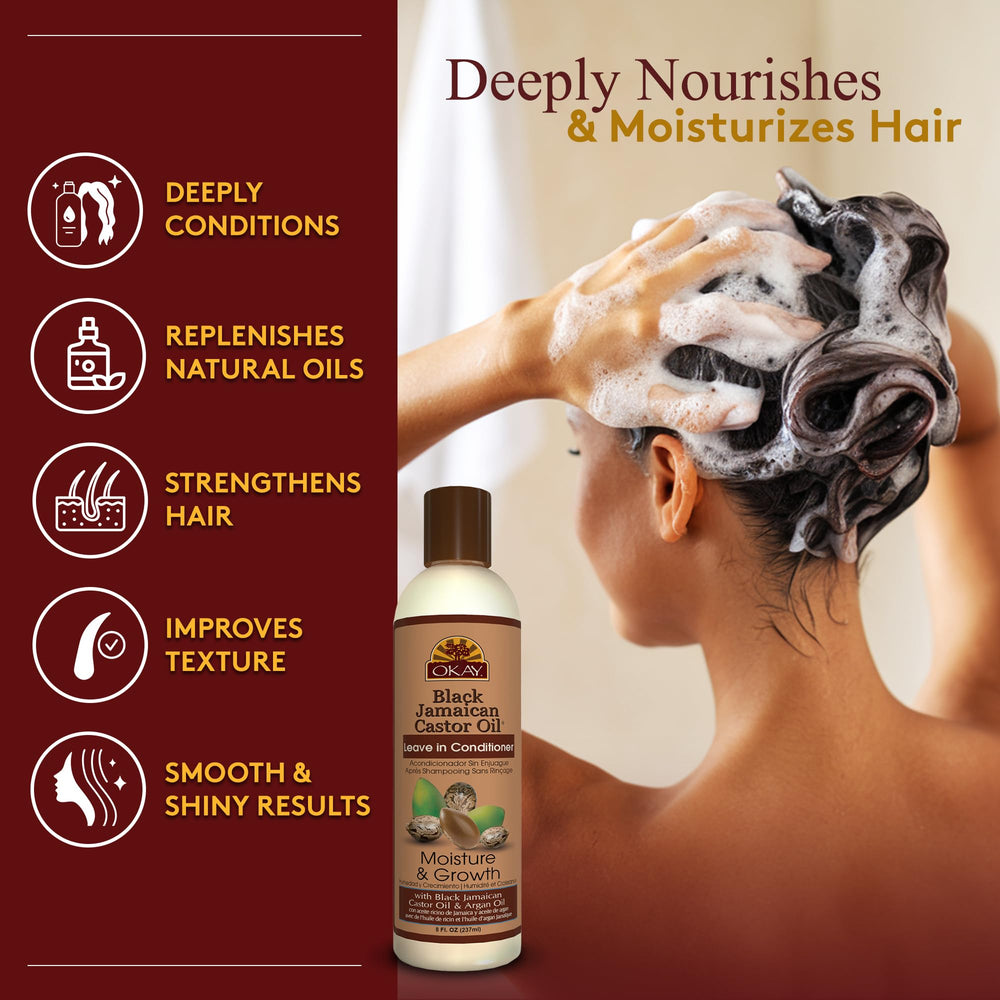 OKAY leave-in conditioner hands application demonstrates easy, even distribution for detangled, smooth strands.