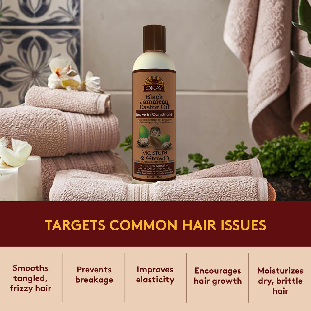 OKAY leave-in conditioner pairing with shampoo image suggests complete moisture routine.
