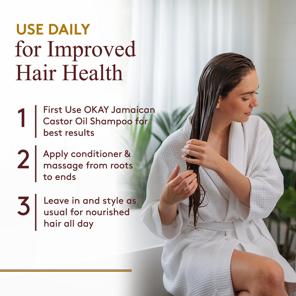 OKAY leave-in conditioner shine closeup conveys healthy-looking gloss without weigh-down.