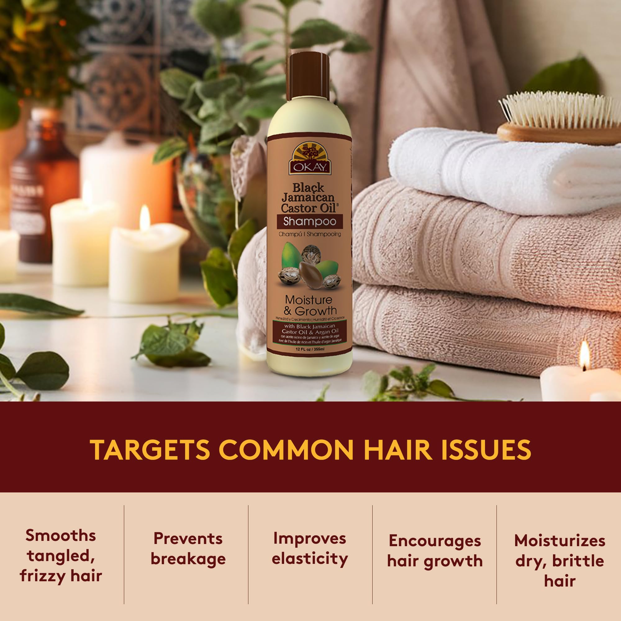 OKAY Black Jamaican Castor Shampoo after-use hair with natural shine and smoothness.