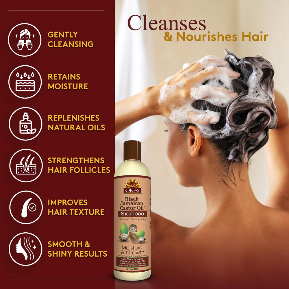 OKAY Black Jamaican Castor Shampoo ingredients panel showcases castor and argan oils for nourishment.