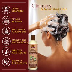 OKAY Black Jamaican Castor Shampoo ingredients panel showcases castor and argan oils for nourishment.