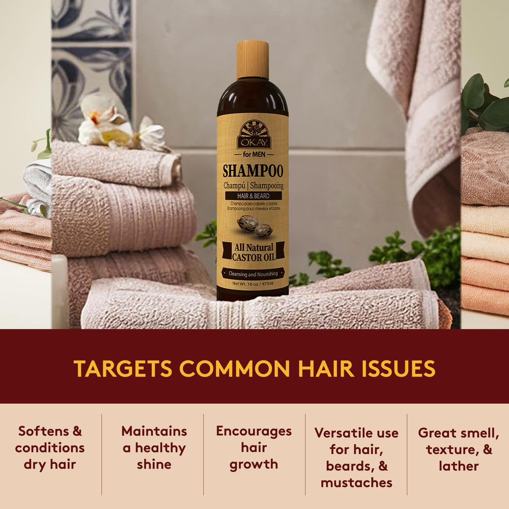 OKAY for MEN Castor Shampoo 16oz-bottle-front emphasizes value and long-lasting use