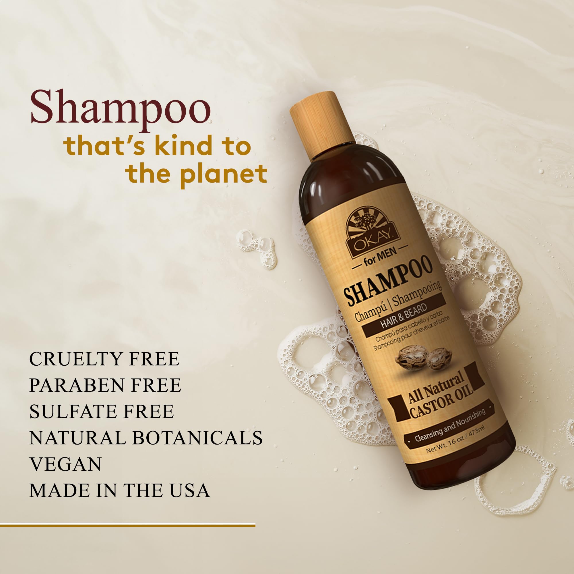 OKAY for MEN Castor Shampoo beard-application shows grooming routine with softness and shine