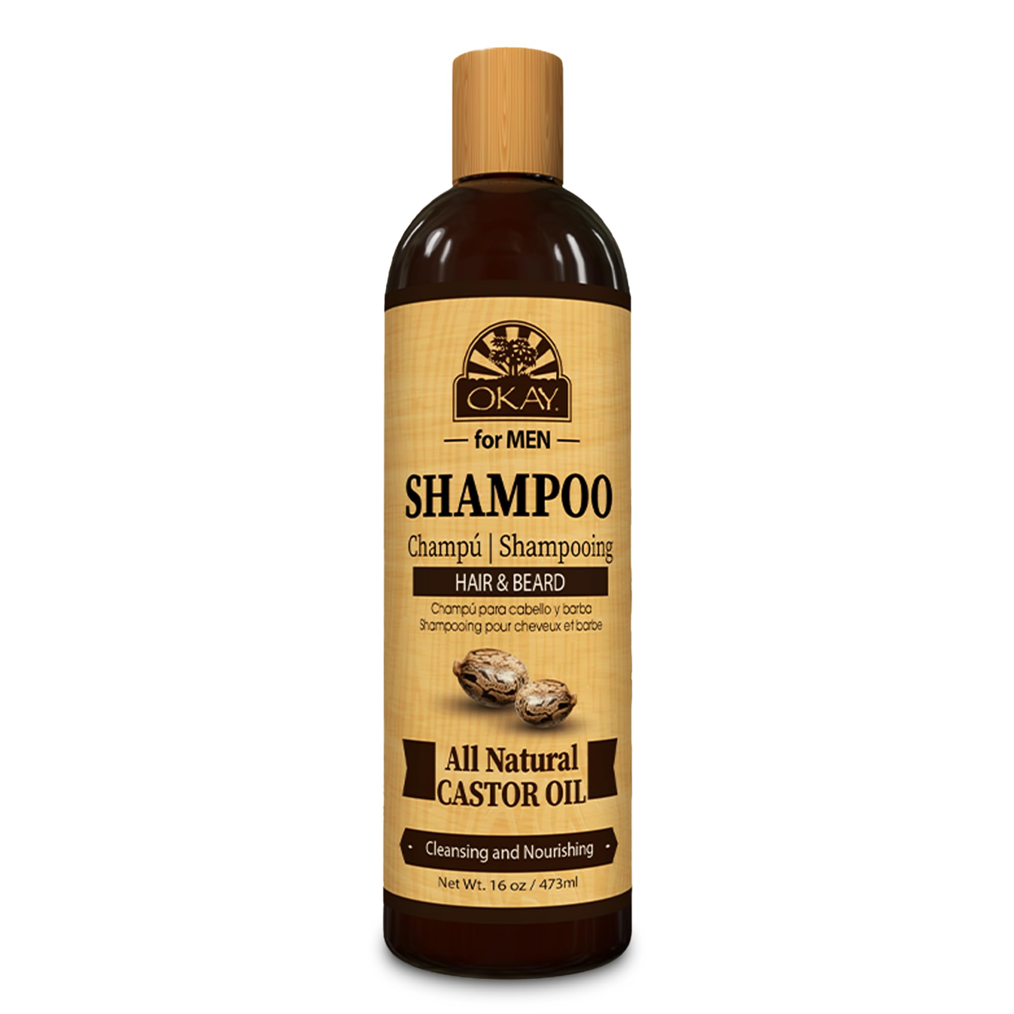 OKAY for MEN Castor Shampoo bottle view highlighting hydrating formula for healthier hair
