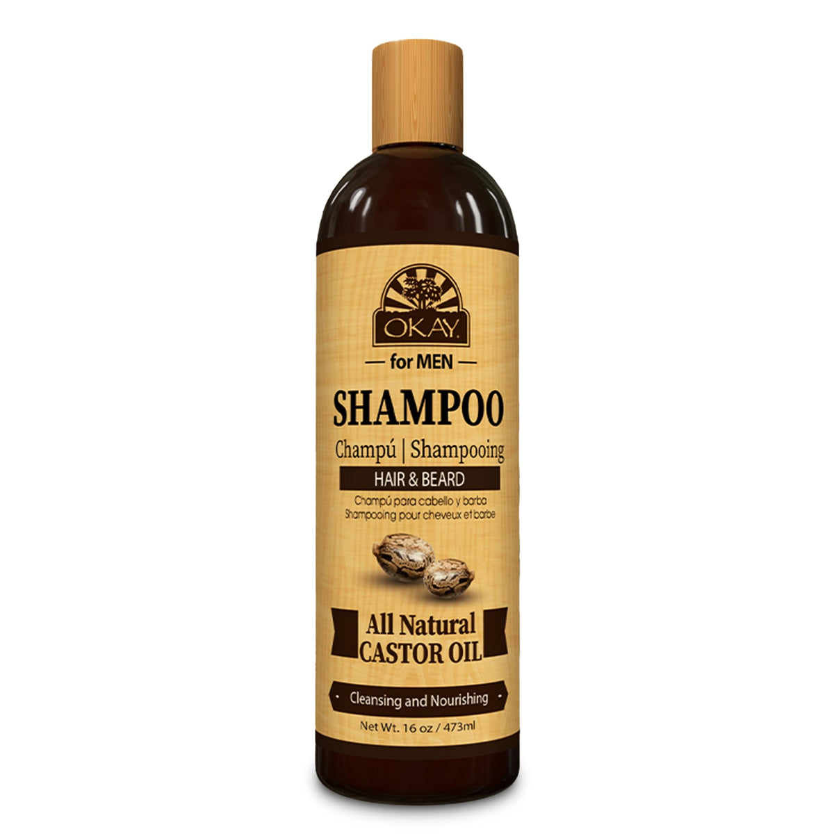 OKAY for MEN Castor Shampoo bottle view highlighting hydrating formula for healthier hair