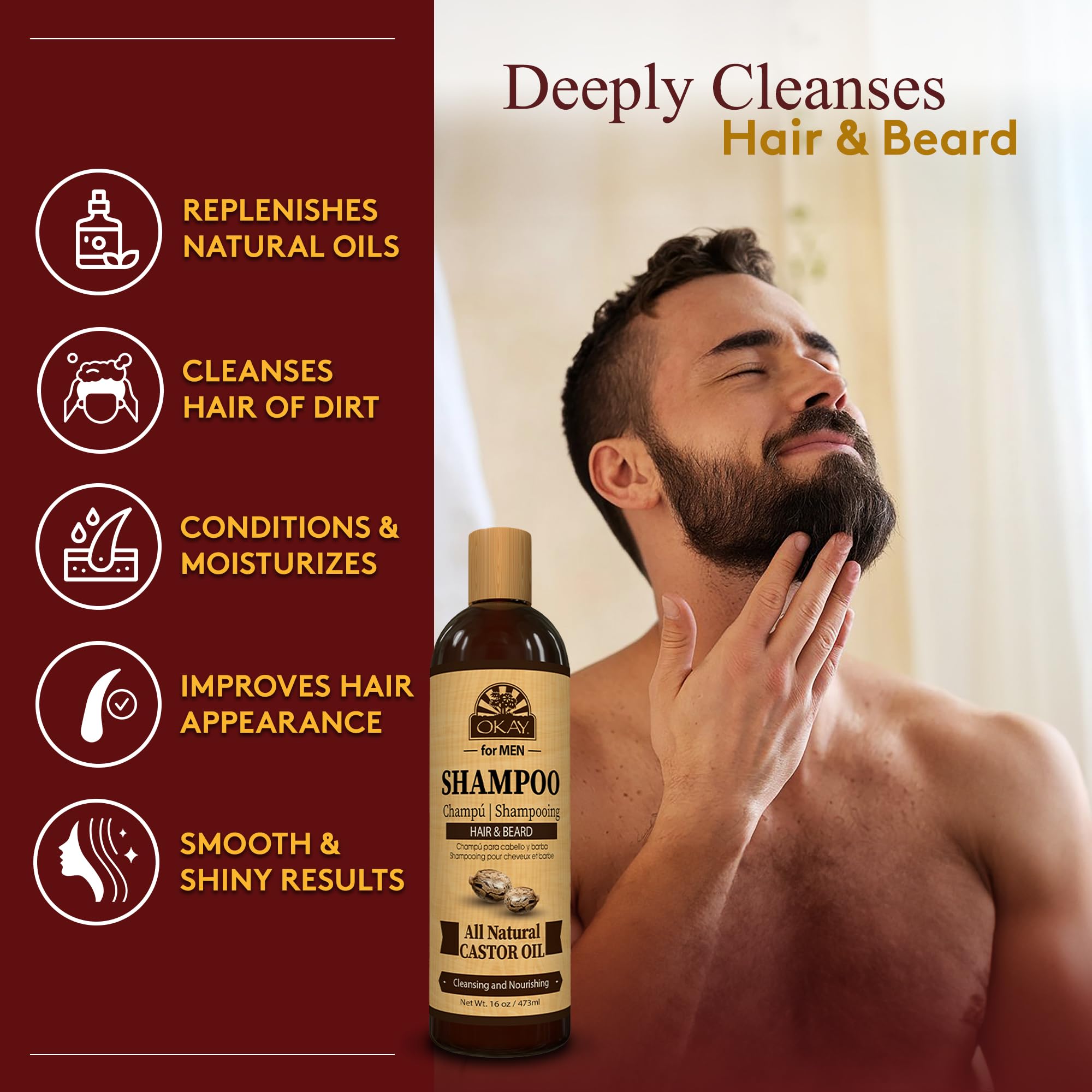 OKAY for MEN Castor Shampoo lather on scalp demonstrates gentle cleansing and moisturizing action