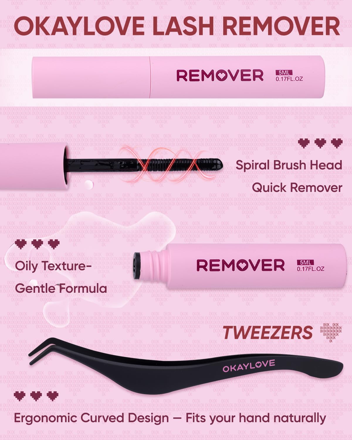 OKAYLOVE spiral brush remover for gentle lash removal and cleanup.