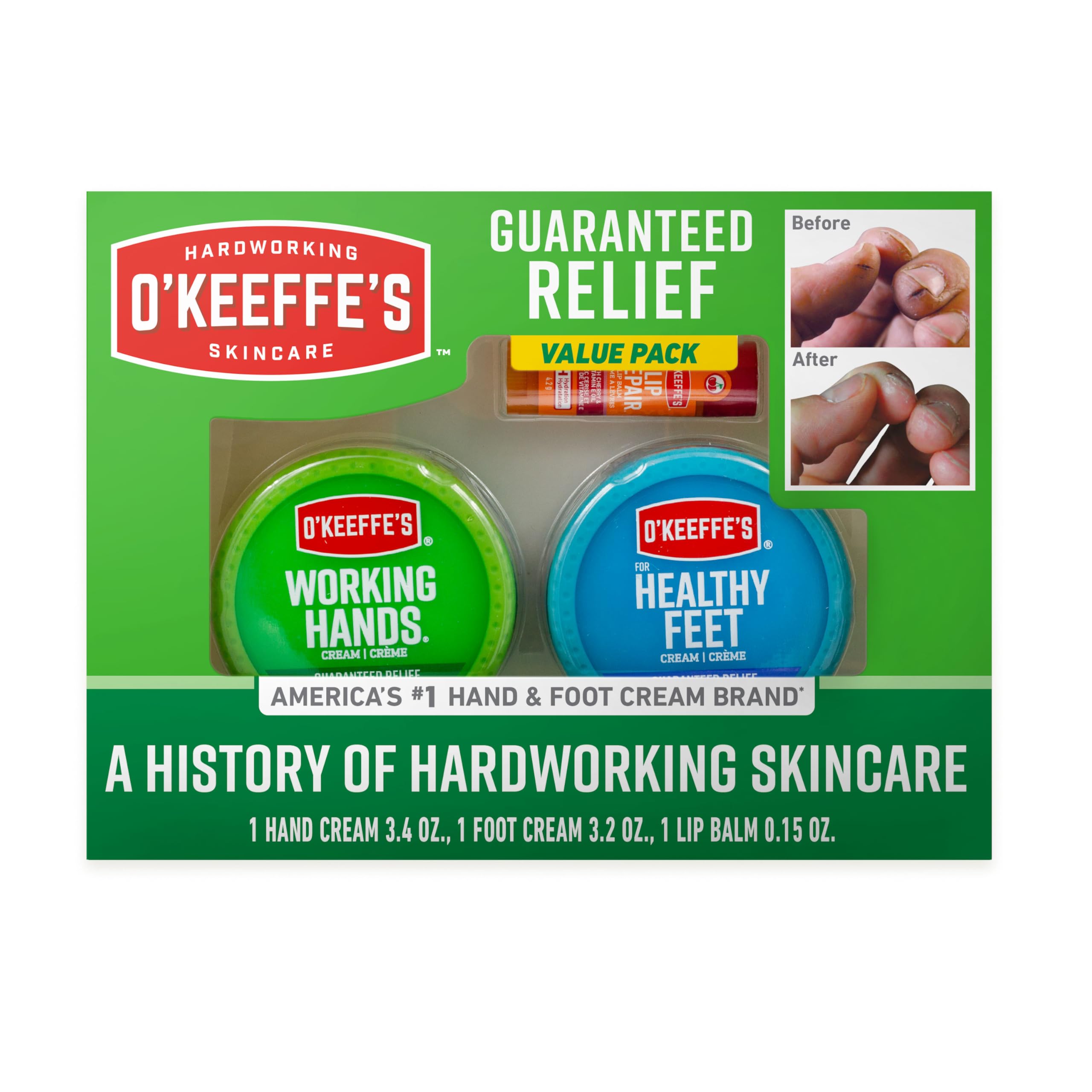 O'Keeffe's gift box trio for daily dry-skin care.