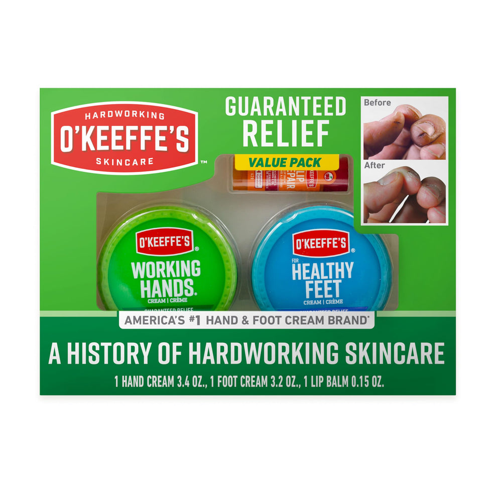 O'Keeffe's gift box trio for daily dry-skin care.