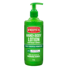 O'Keeffe's Hand and Body Lotion pump close-up showing daily hydration relief.