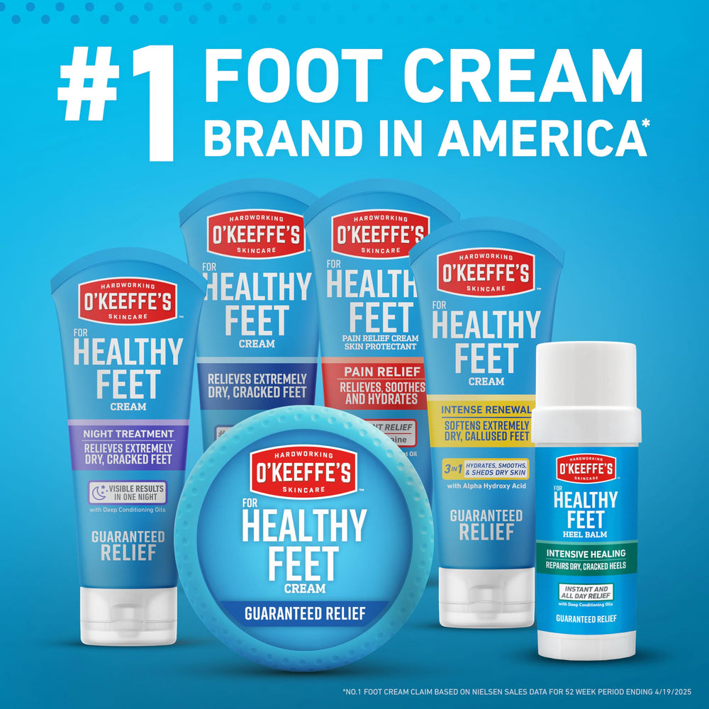 O'Keeffe's Healthy Feet cream beside bathroom tiles after shower