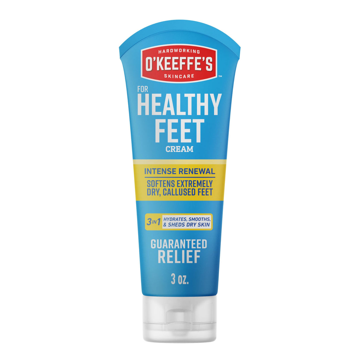 O'Keeffe's Healthy Feet Cream Tube close-up showing hydrated feet benefit