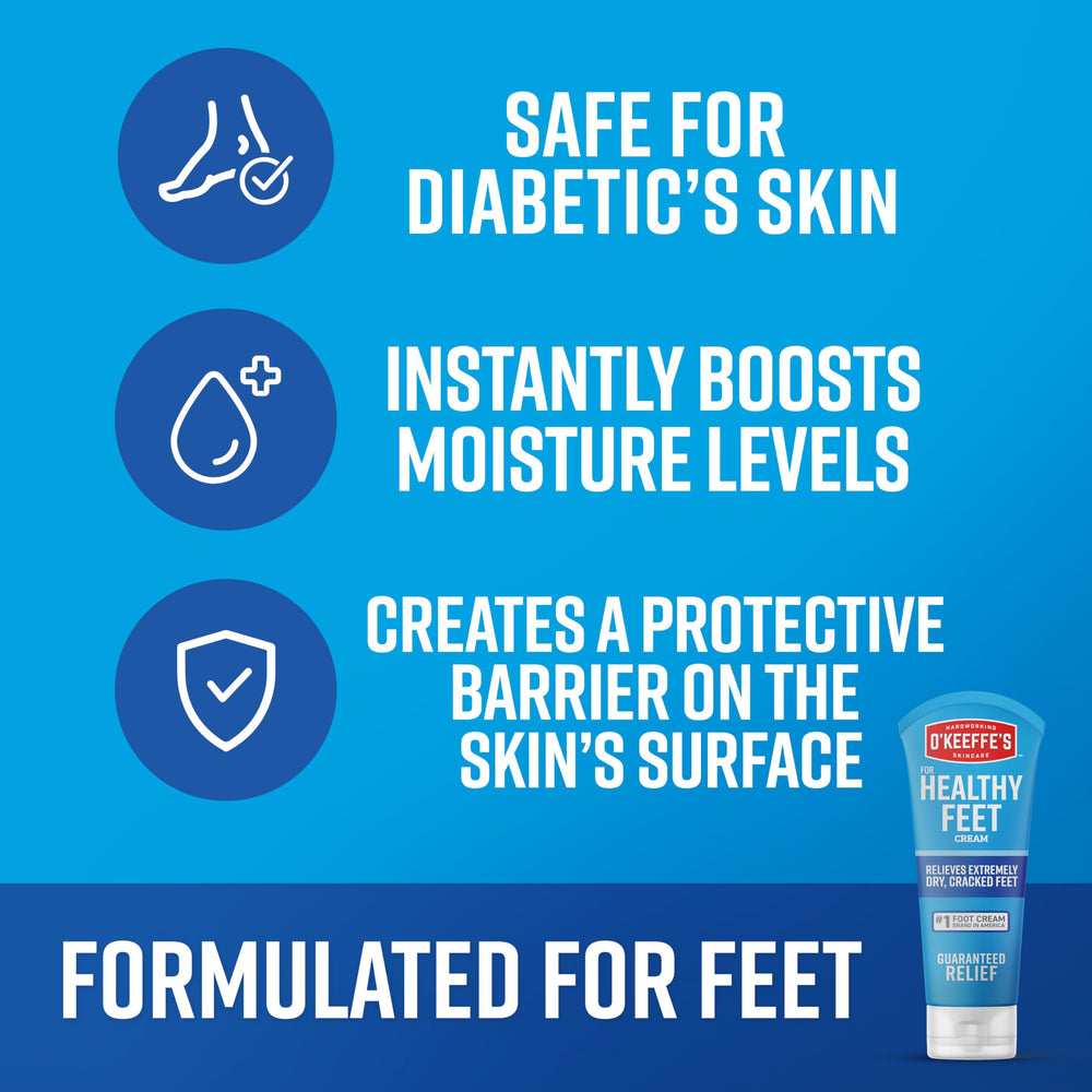 O'Keeffe's Healthy Feet application on foot highlights creamy texture and quick absorption.