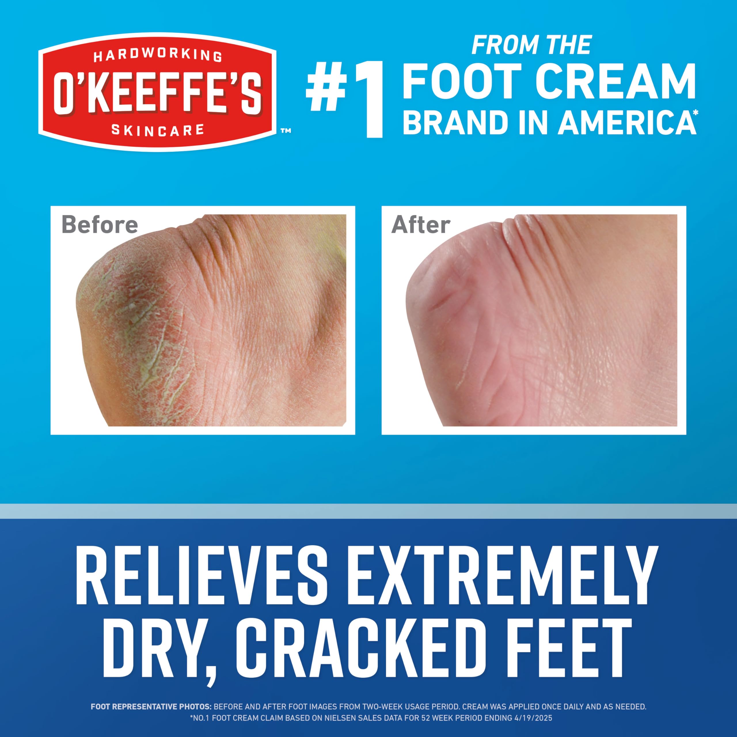 O'Keeffe's Healthy Feet Foot Cream tube back shows directions and ingredient emphasis on moisture retention.