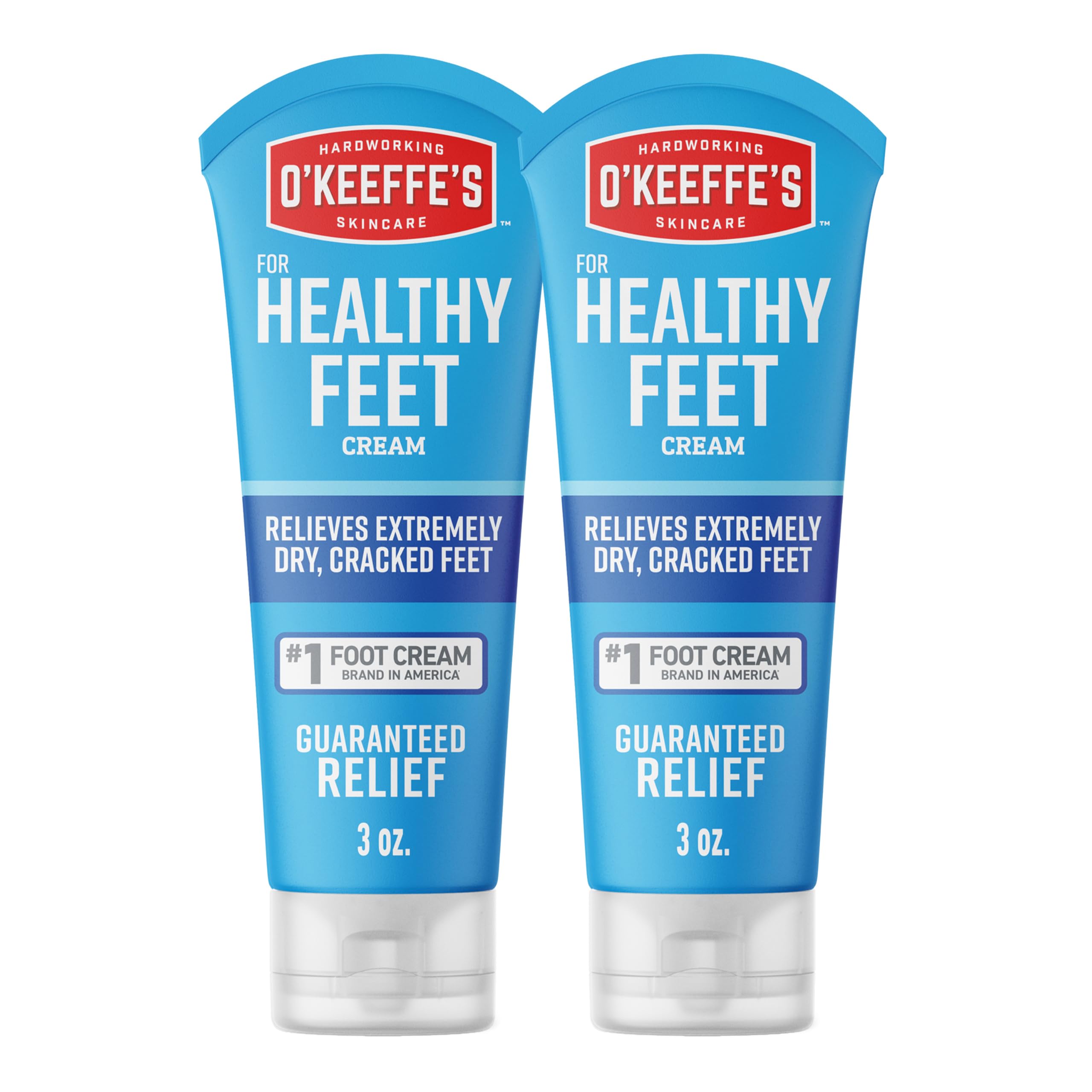 O'Keeffe's Healthy Feet Foot Cream tube front view, compact 3 oz travel-friendly packaging for dry feet.