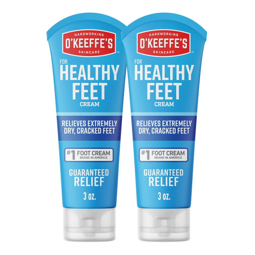 O'Keeffe's Healthy Feet Foot Cream tube front view, compact 3 oz travel-friendly packaging for dry feet.