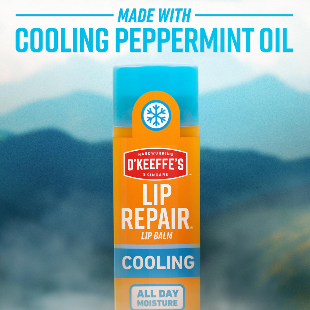 O'Keeffe's Lip Repair anti-dry barrier illustrates a flexible shield guarding lips through daily activities.