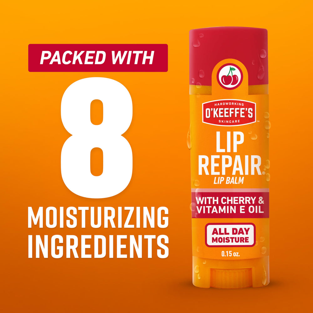 O'Keeffe's Lip Repair Cherry balm application demonstrates smooth, quick-absorbing lip care.