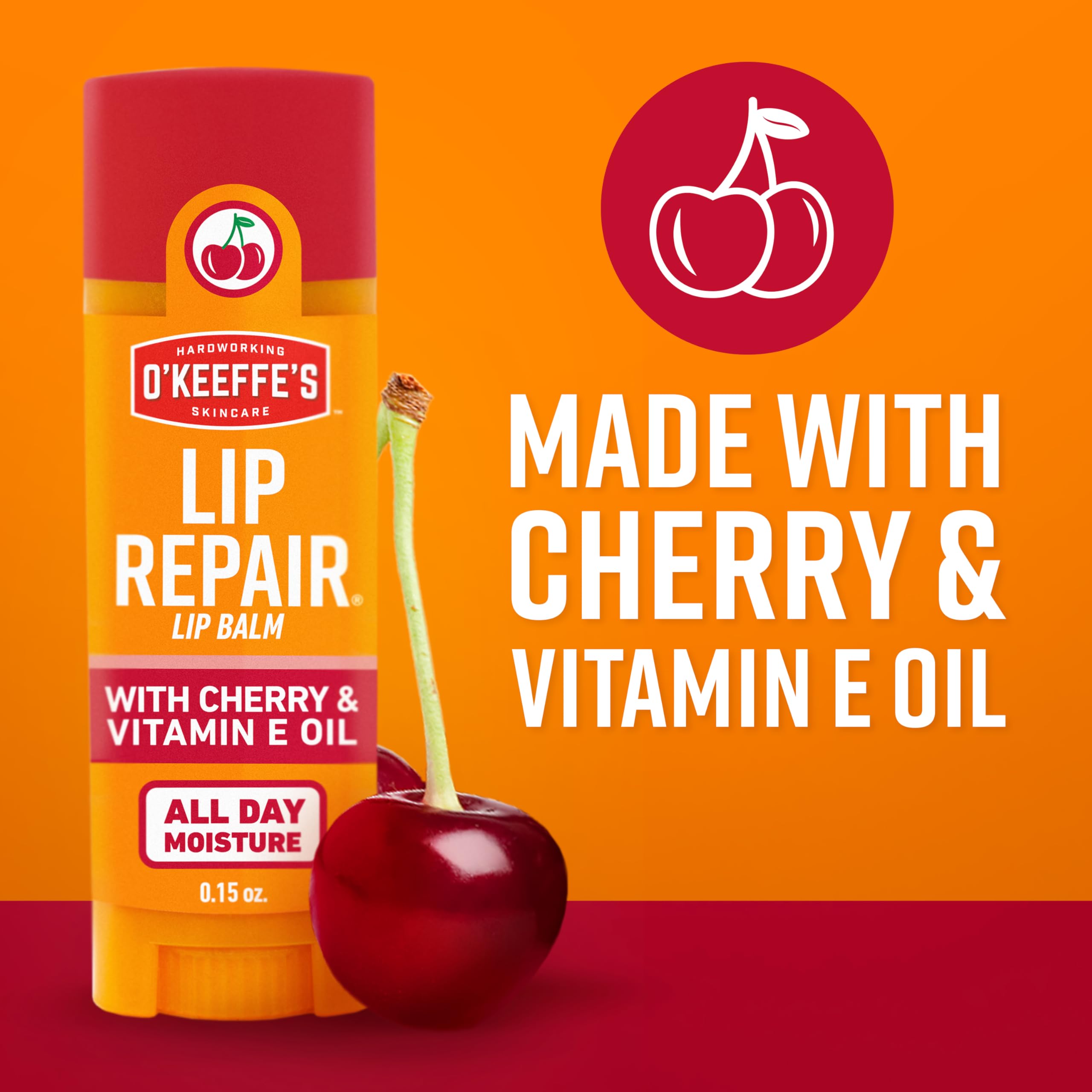 O'Keeffe's Lip Repair Cherry hypoallergenic formula label visible for sensitive skin.