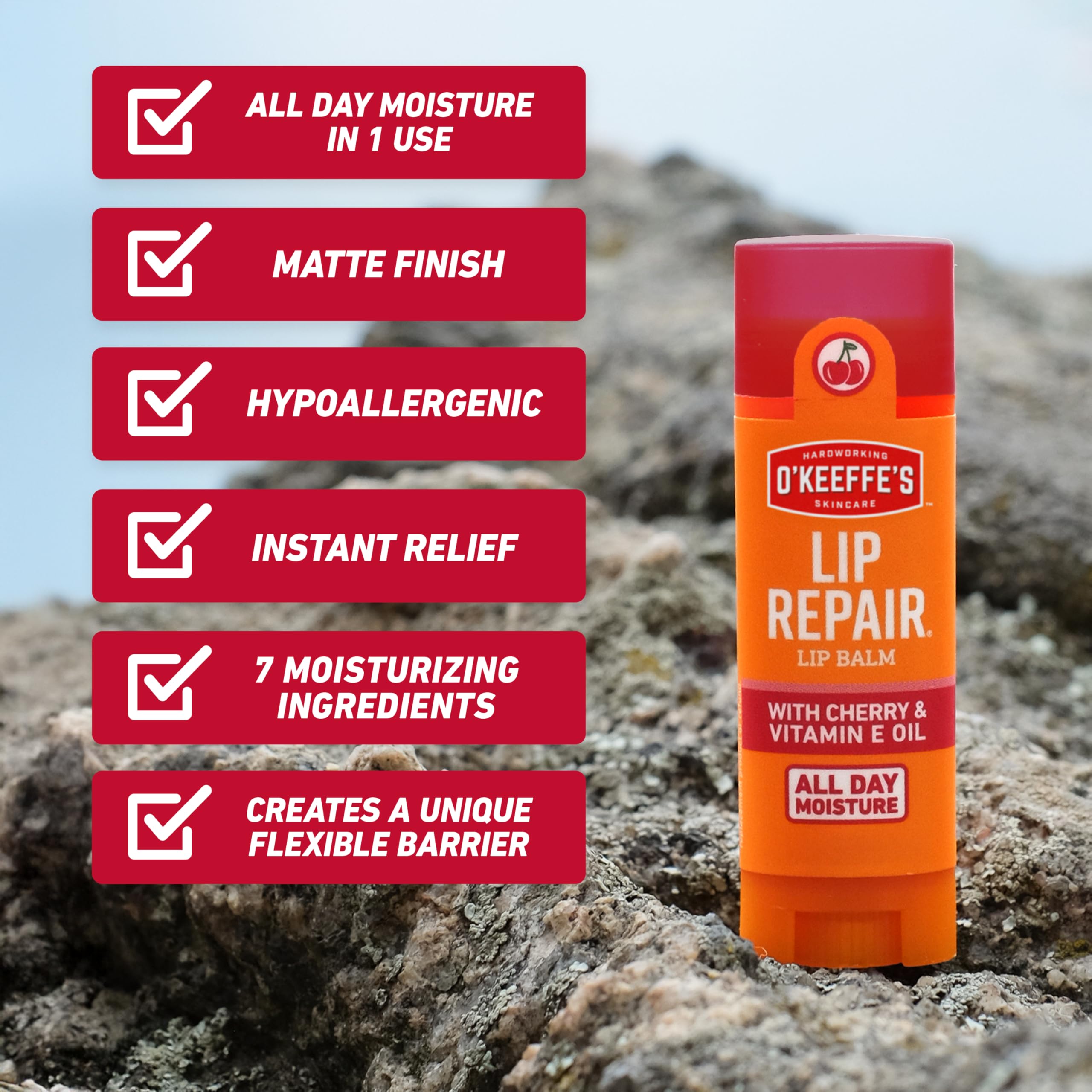 O'Keeffe's Lip Repair Cherry balm forming a protective barrier for lips.