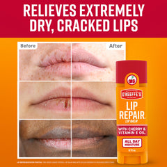 O'Keeffe's Lip Repair Cherry stick in hand for daily hydration.