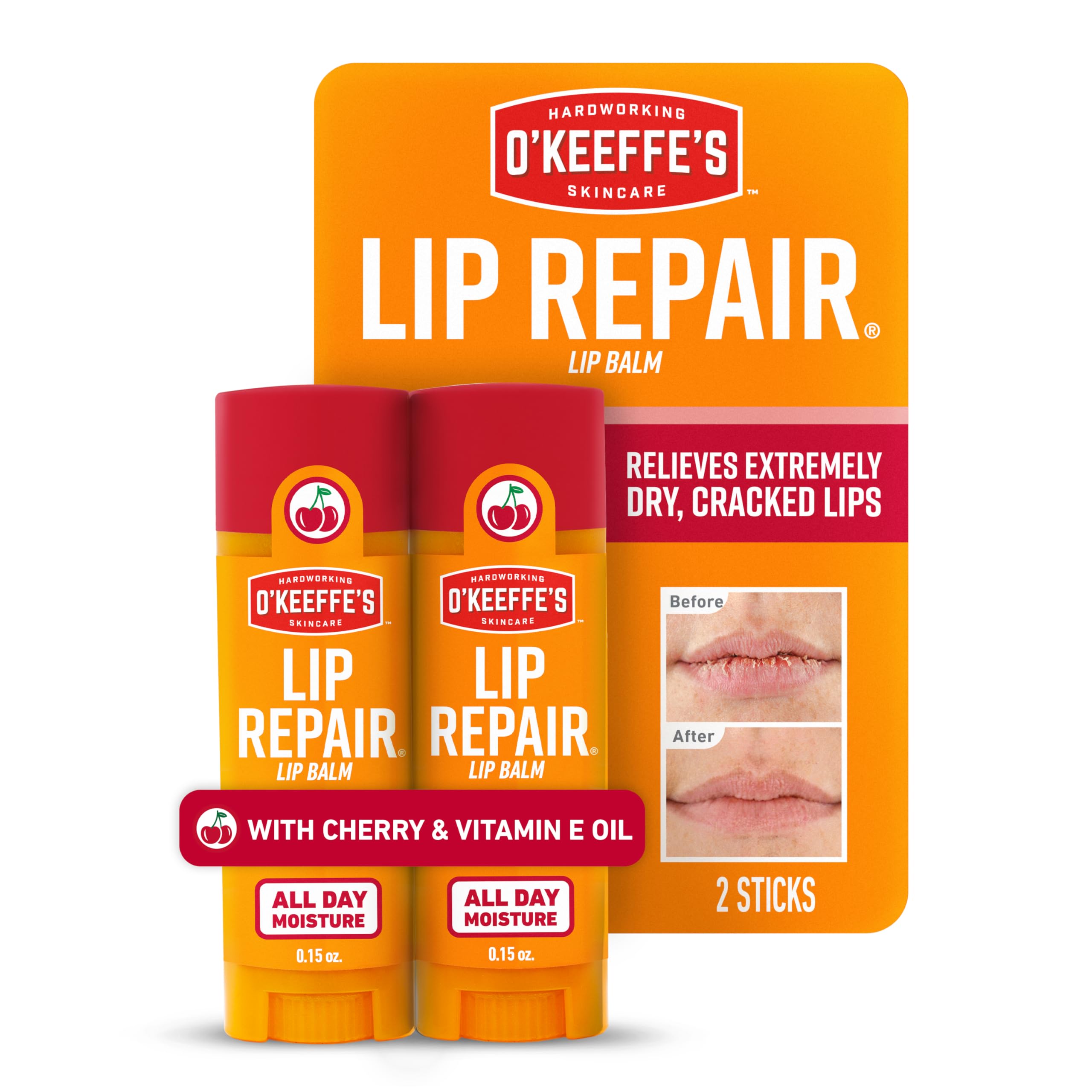 O'Keeffe's Lip Repair Cherry twin-pack close-up showing soothing balm for dry lips.
