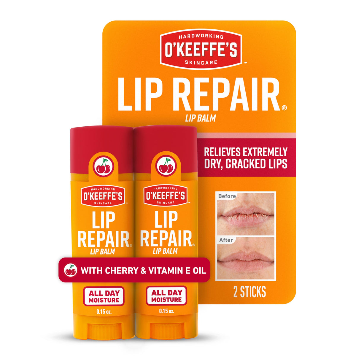 O'Keeffe's Lip Repair Cherry twin-pack close-up showing soothing balm for dry lips.