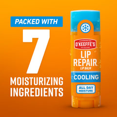 O'Keeffe's Lip Repair cooling-relief on contact demonstrates refreshing sensation while hydrating lips.