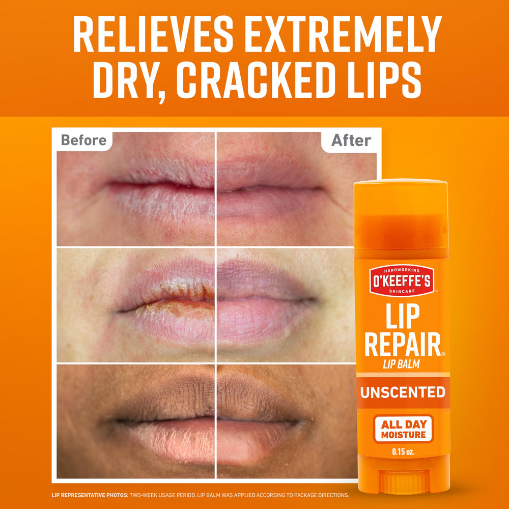 Closeup of O'Keeffe's Lip Repair unscented stick texture and smooth balm