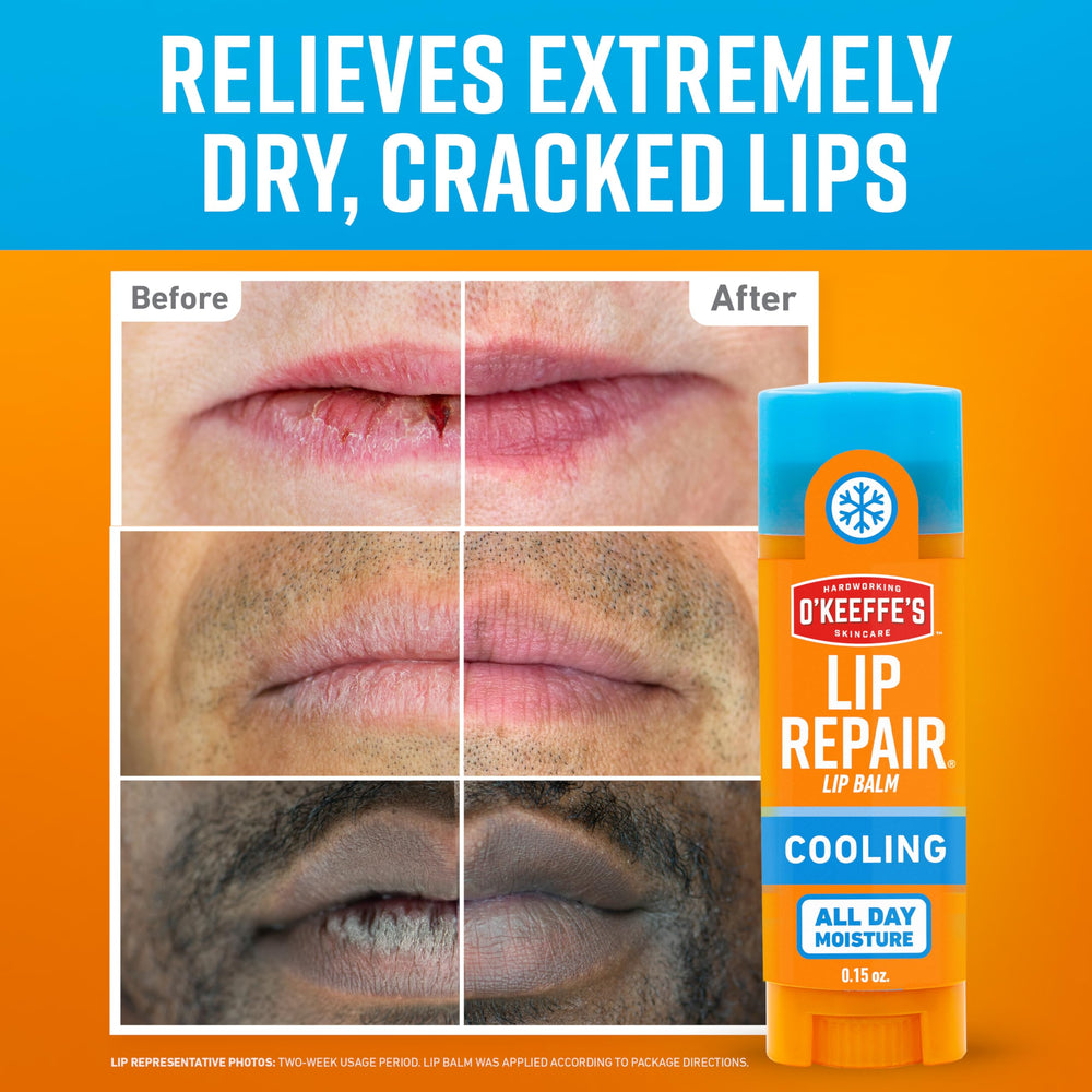O'Keeffe's Lip Repair twin-pack closed shows portable, long-lasting moisture in a slim stick.