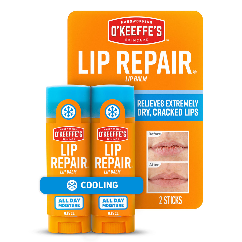 O'Keeffe's Lip Repair twin-pack front view for quick cooling relief on dry lips.