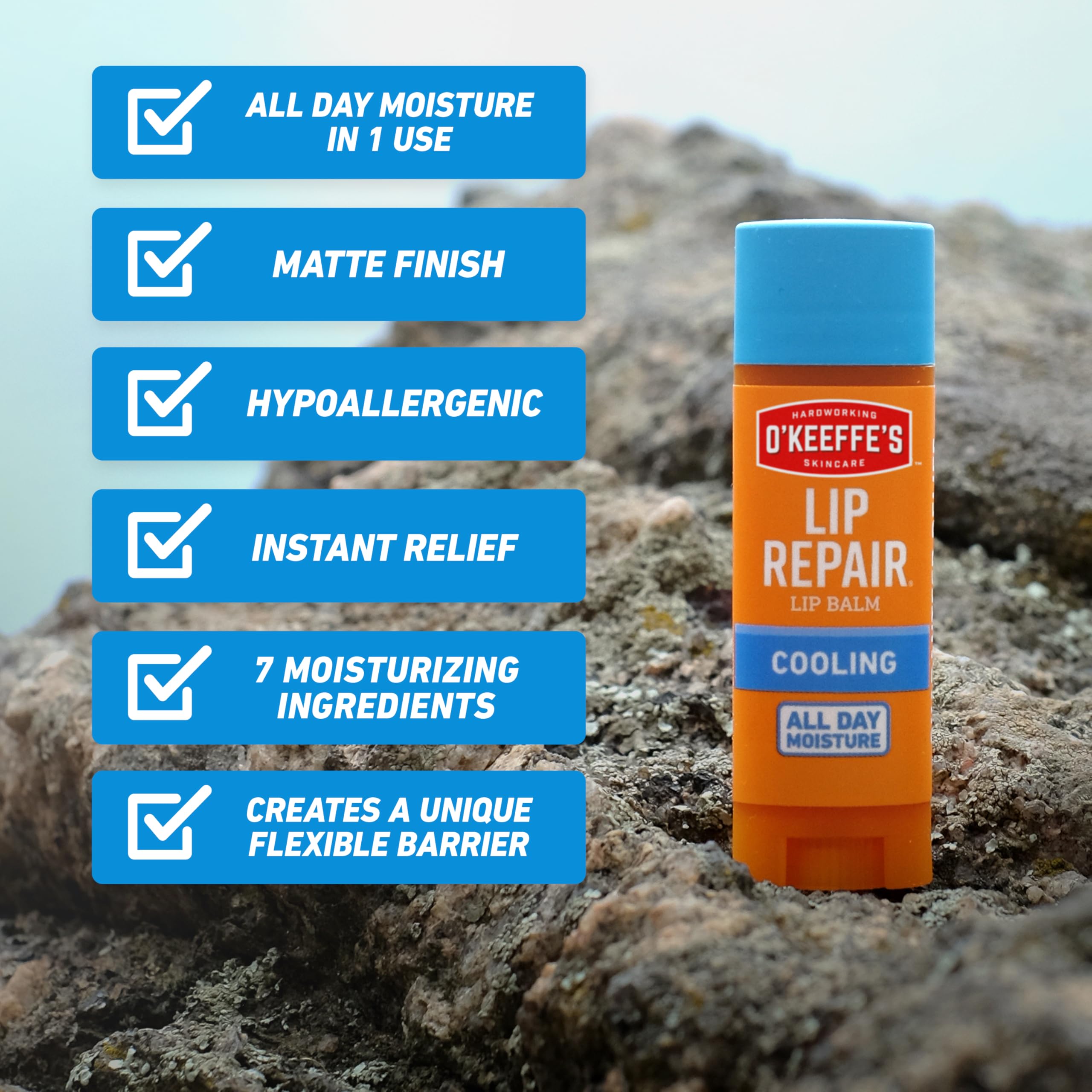 O'Keeffe's Lip Repair travel-size packaging emphasizes portability for lips on the go.