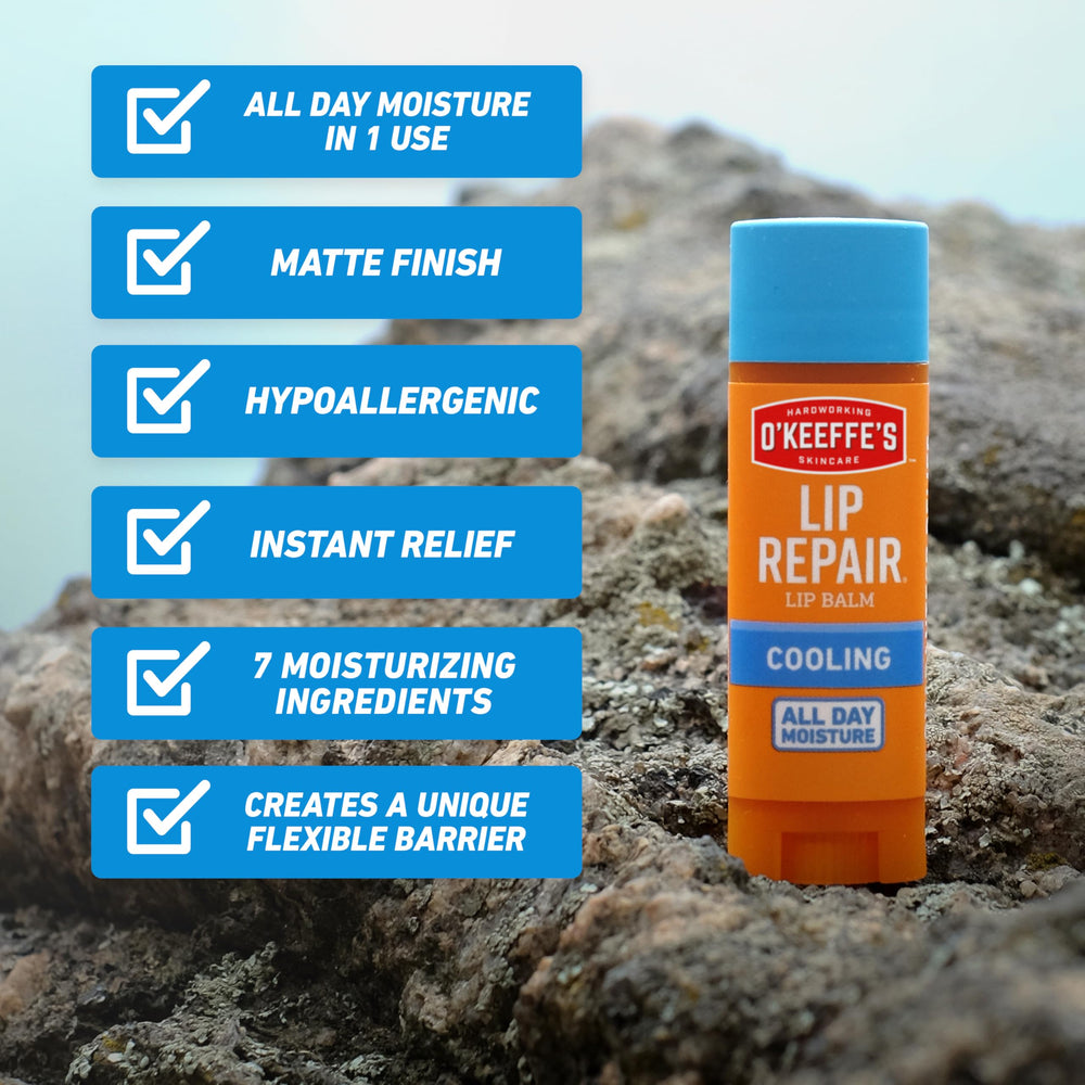 O'Keeffe's Lip Repair travel-size packaging emphasizes portability for lips on the go.