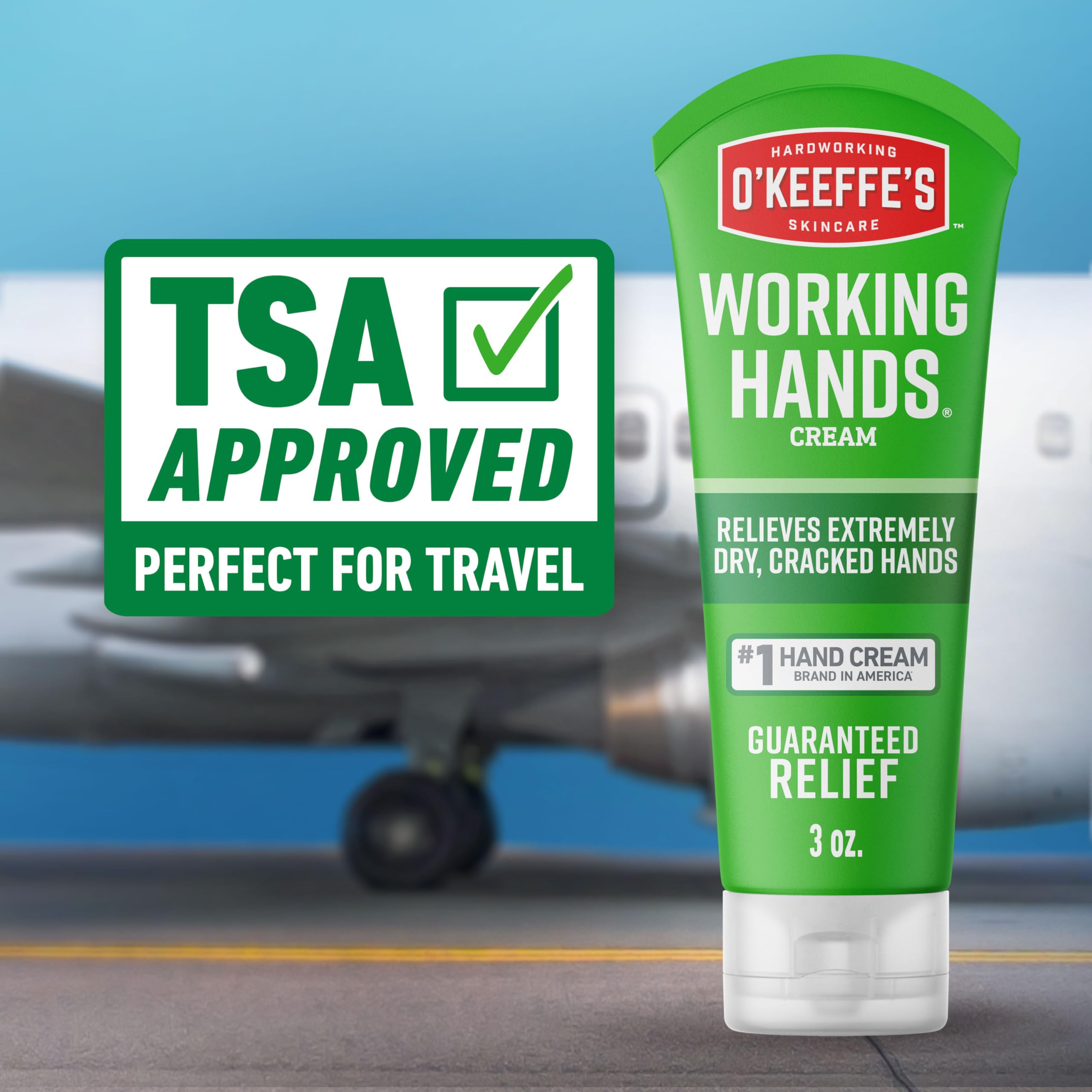O'Keeffe's Working Hands cream texture close-up demonstrates a non-greasy, unscented formula
