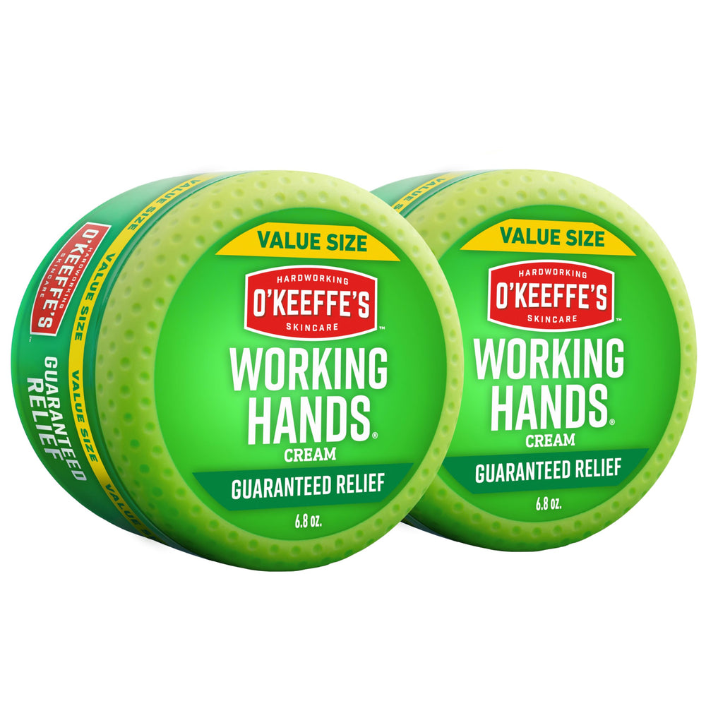 O'Keeffe's Working Hands jar closeup shows concentrated moisturizer delivering long-lasting hydration.