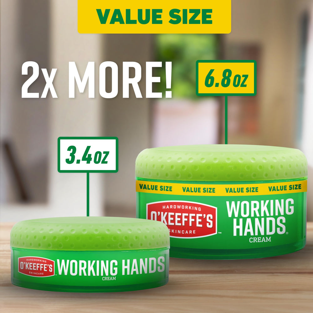 Two-pack display of O'Keeffe's Working Hands emphasizes value for home use.