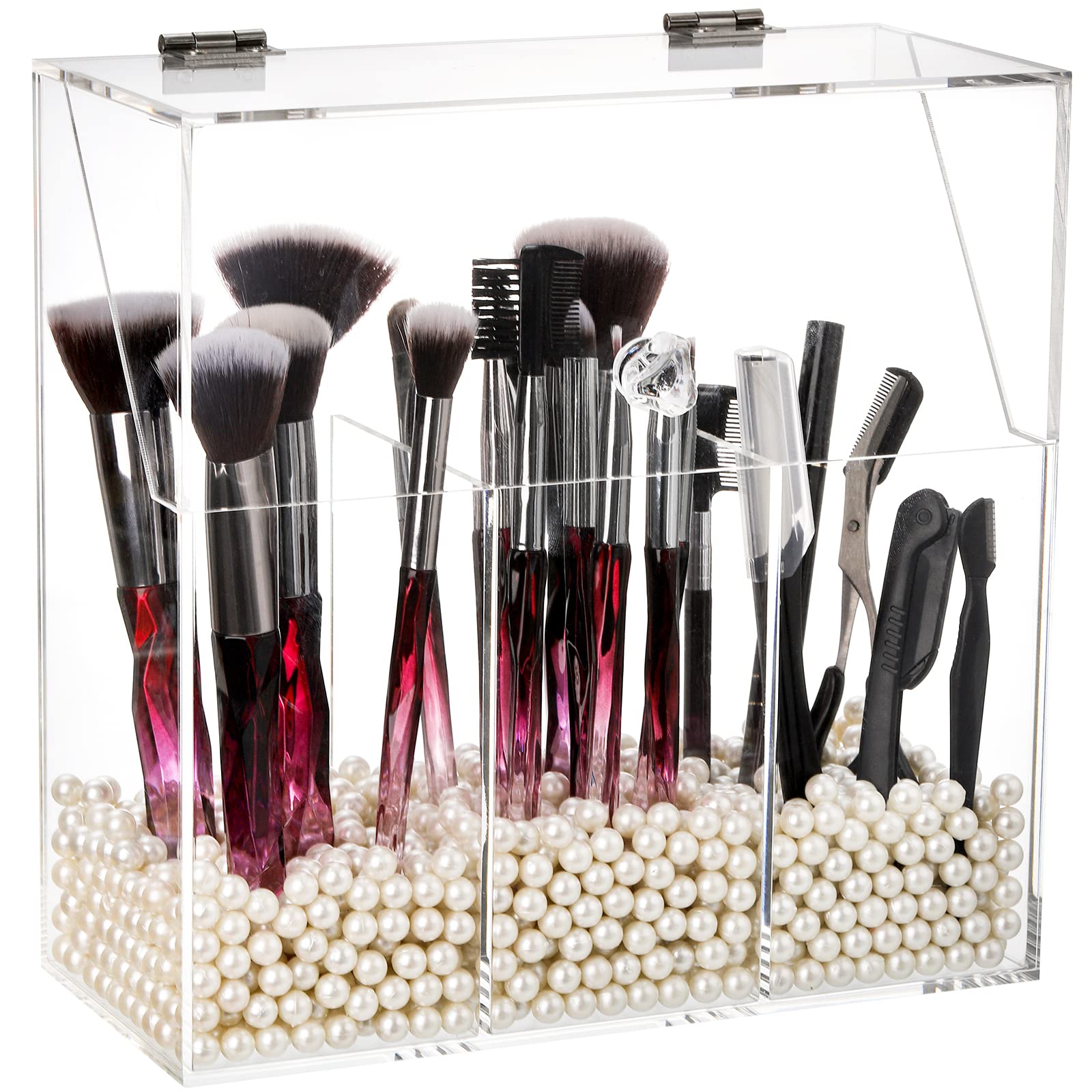 Okllen makeup brush holder with dustproof lid protecting brushes and keeping vanity tidy.