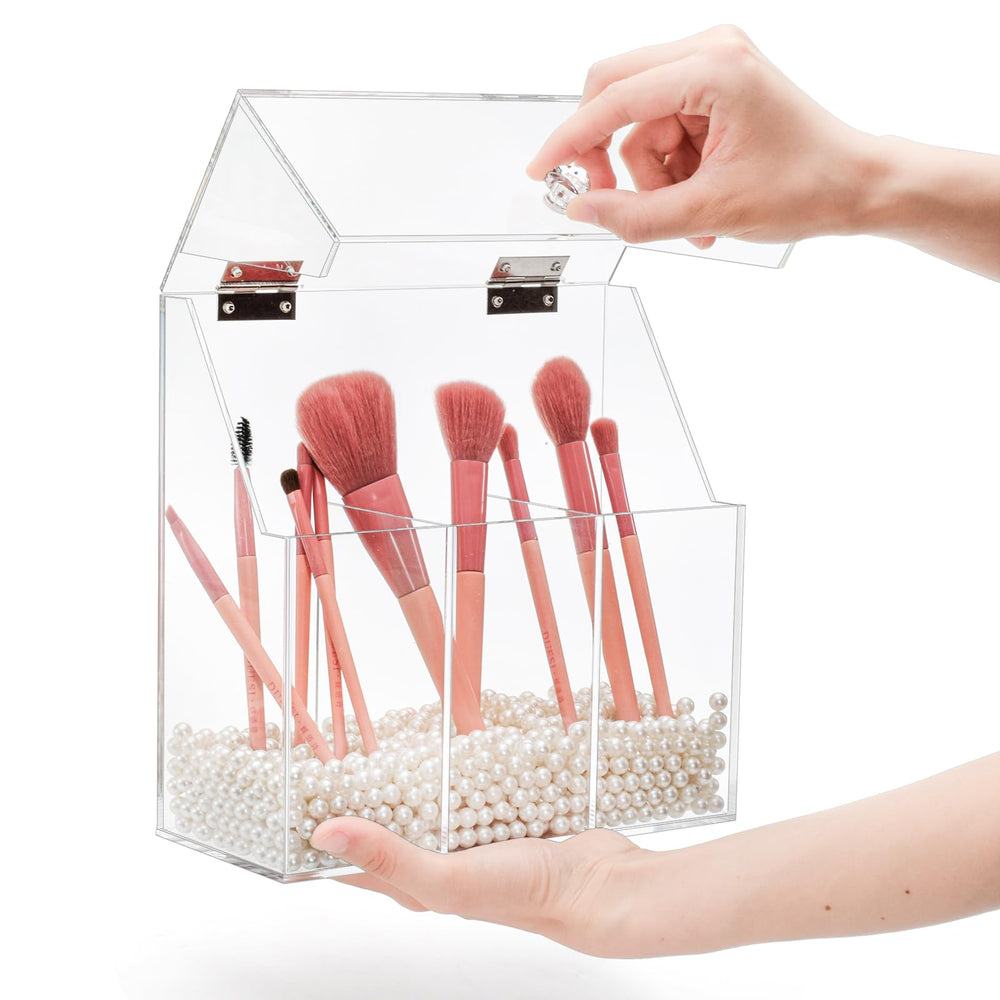 Okllen white pearls help display brushes upright for a neat vanity.