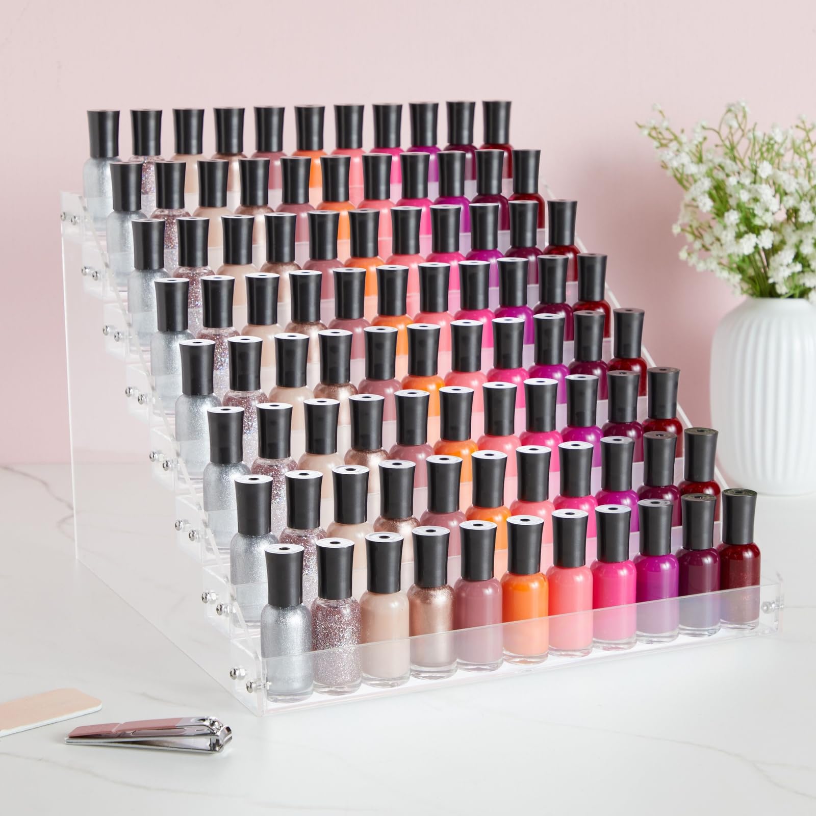 Okuna Outpost 96-bottle capacity rack displaying ample nail polishes