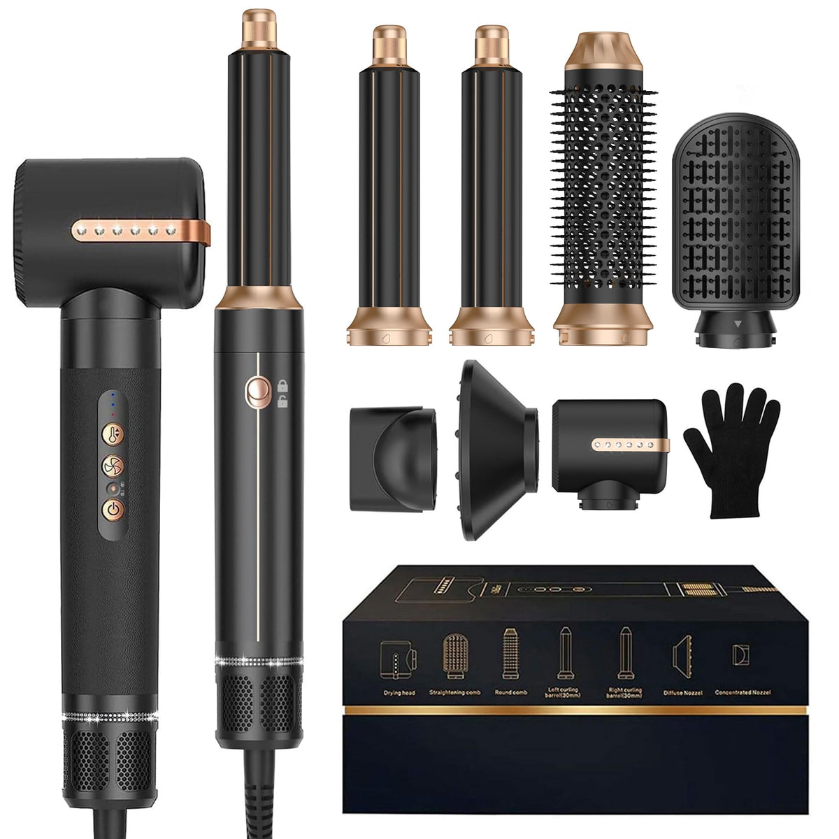OKWRAP 7-in-1 hair dryer brush assembly demonstrates organized at-home styling.