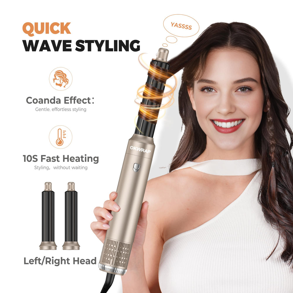 OKWRAP left hot air curler used for directional curls and lift.